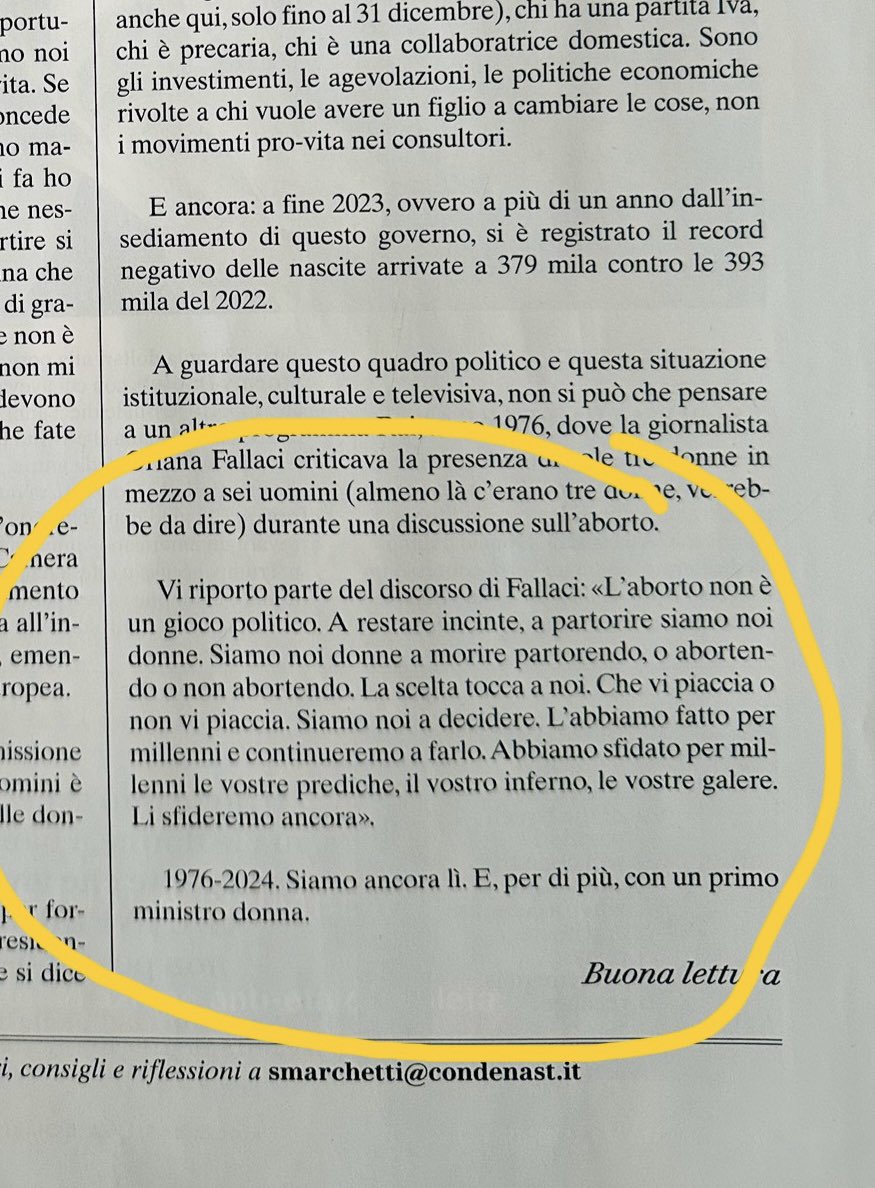 “L’aborto non è un gioco politico”, cosi Oriana Fallaci in un programma Rai 1976. Bello l’editoriale del direttore @marchettisimone su @VanityFairIt, da tempo una delle migliori riviste in circolazione.