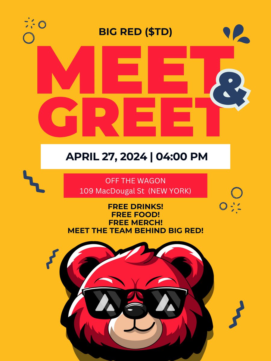 HorseRwa's tweet photo. Meet the team behind #BigRed today in New York at Off The Wagon (109 MacDougal Street) at 4pm EST! This is your chance to meet the founders and get free food, free drinks, and free merch! Who else can pass out $TD and get away with it๐#AVAX #memecoinrush #avaxmeme #avaxians https://t.co/rBcYOntrnK