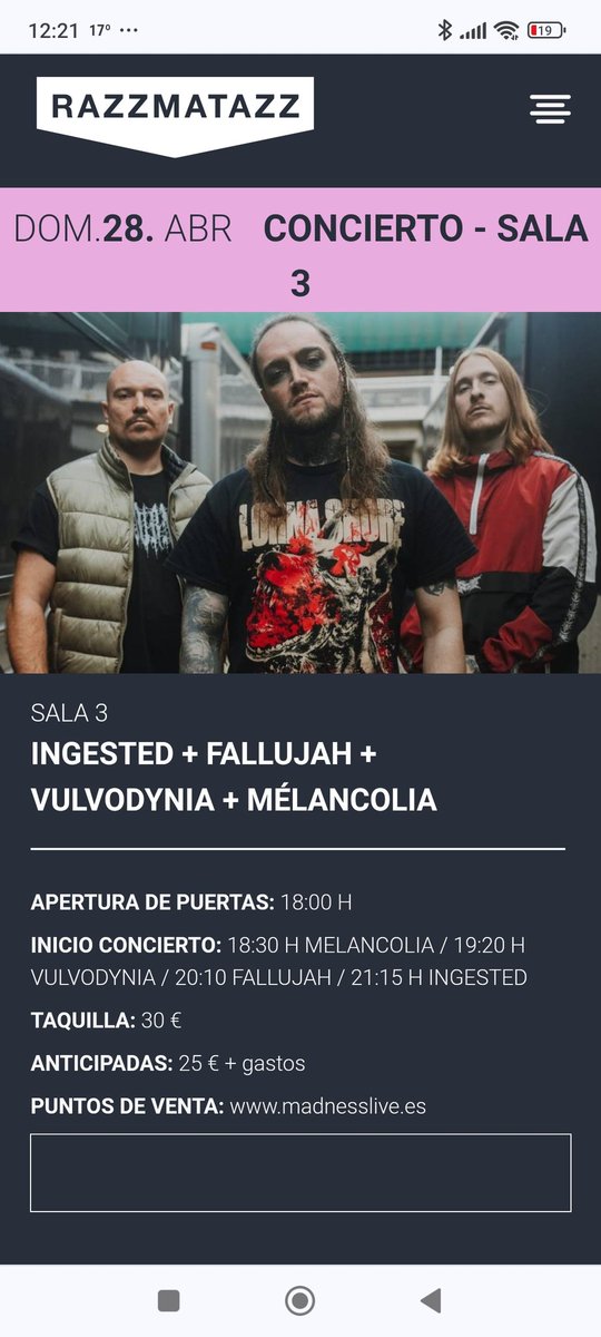 Ayer: Downfall Of Gaia y Syberia

Mañana: Ingested,Fallujah, Vulvodynia y Melancolia

#BlackMetal
#Sludge
#Prog
#Doom
#Punk
#Atmospheric 

#BrutalDeath
#Death
#Metal 
🖤🖤🖤🔥🔥🔥🤘🏼🤘🏼🤘🏼