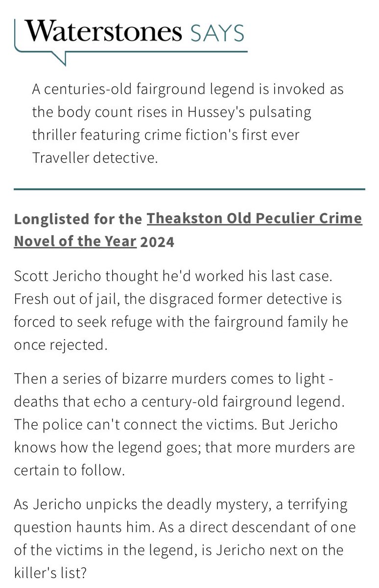 ‘Hussey’s pulsating thriller featuring crime fiction’s first ever Traveller detective’
WATERSTONES SAYS on #KillingJericho!