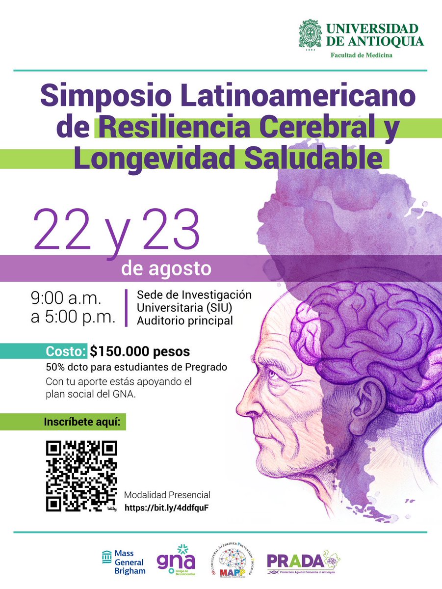 Les interesan los temas del envejecimiento exitoso, la resiliencia cerebral, los factores protectores en contra de la demencia? 🤔 Los invito a que nos acompañen en el Simposio Latinoamericano de Resiliencia Cerebral y Longevidad Saludable en Medellin, Colombia 🤩 Nos vemos! 🧠