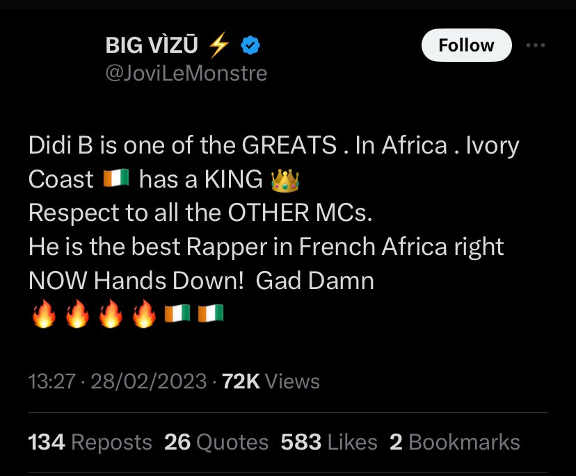 One year earlier 

Rap fans across the continent can't wait to see a collaboration between these two monsters of African rap ! 

@JoviLeMonstre 🇨🇲 🤝🏾 🇨🇮 @Didibofficial