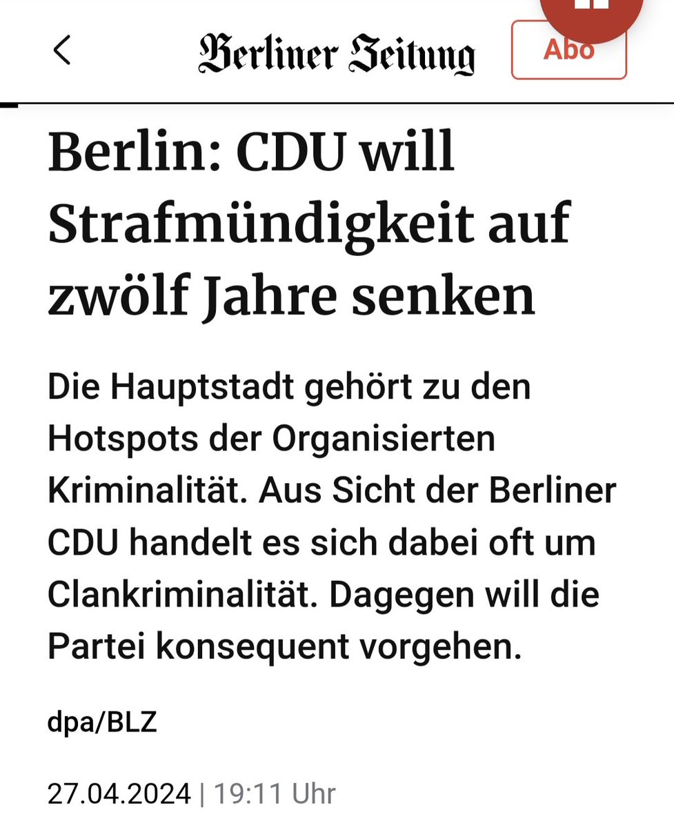 Um gegen die #Clankriminalität besser vorgehen zu können, will die Berliner CDU das Strafmündigkeitsalter auf 12 Jahre senken.
Sicher eine gute Sache, erfahrungsgemäß bleibt es jedoch meist bei Lippenbekenntnissen zur Beruhigung der Öffentlichkeit! 😏
berliner-zeitung.de/news/clan-krim…