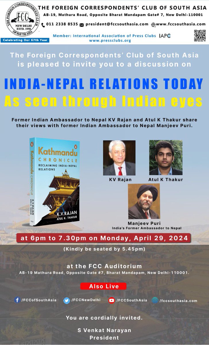 If you are around, please attend the first talk on my new book (jointly authored with Amb K V Rajan, India’s Former Ambassador to Nepal): “Kathmandu Chronicle: Reclaiming India-Nepal Relations (@PenguinIndia; 2024)” @FCCNewDelhi |@ambmanjeevpuri @SVenkatNarayan1