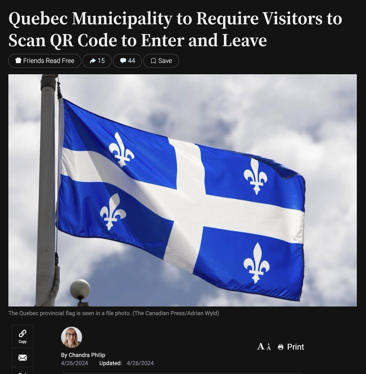 The local Quebec government says this QR code scanning is about raising money ('a plan to charge tourists a $30 fee') but if governments have the authority to restrict and charge for movement, then 🇨🇦 will soon be no different than China. Scan this 🖕😠 theepochtimes.com/world/quebec-m…