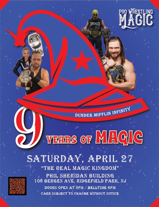 TONIGHT 

106 Bergen Ave Ridgefield Park, NJ 
6 PM bell

PWMTickets.com

Or watch live on @indiewrestling (Promo Code Magic) 

#ThisIsMagic