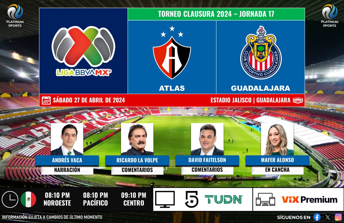 ⚽️ #LigaBBVAMX 🇲🇽 | #Atlas vs. #Guadalajara 
🇲🇽📺 @MiCanal5 / @TUDNMEX 
🎙️ @Andres_Vaca_ 
🎙️ @RicardoLaVolpeG 
🎙️ @DavidFaitelson_ 
🎙️📝 @MafeAlonsoo 

#SabadoFutbolero - #LoNuestroEsElFutbol