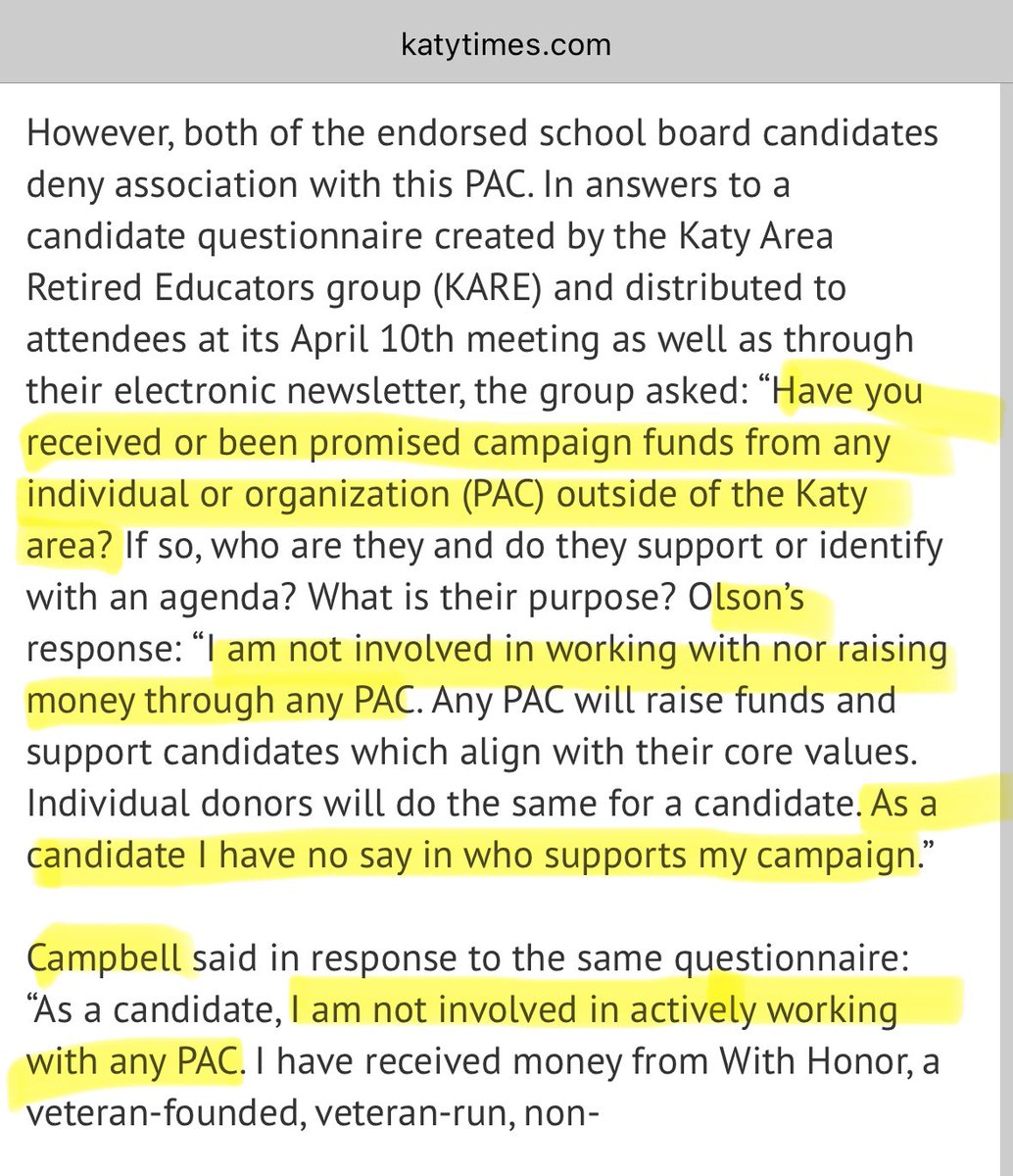 According to <a href="/KatyTimes/">The Katy Times</a> <a href="/katyisd/">Katy ISD</a> trustee candidates Olson &amp; Campbell both denied involvement with any PACs *outside of Katy.* Olson went so far as to say he “has no say” in who supports his campaign.

katytimes.com/stories/ny-bas…