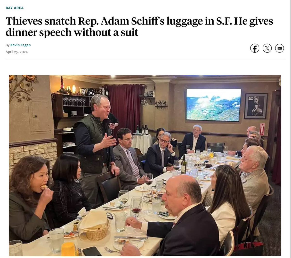 Adam Schiff’s luggage was stolen in San Francisco, forcing him to show up to a meeting with no suit.