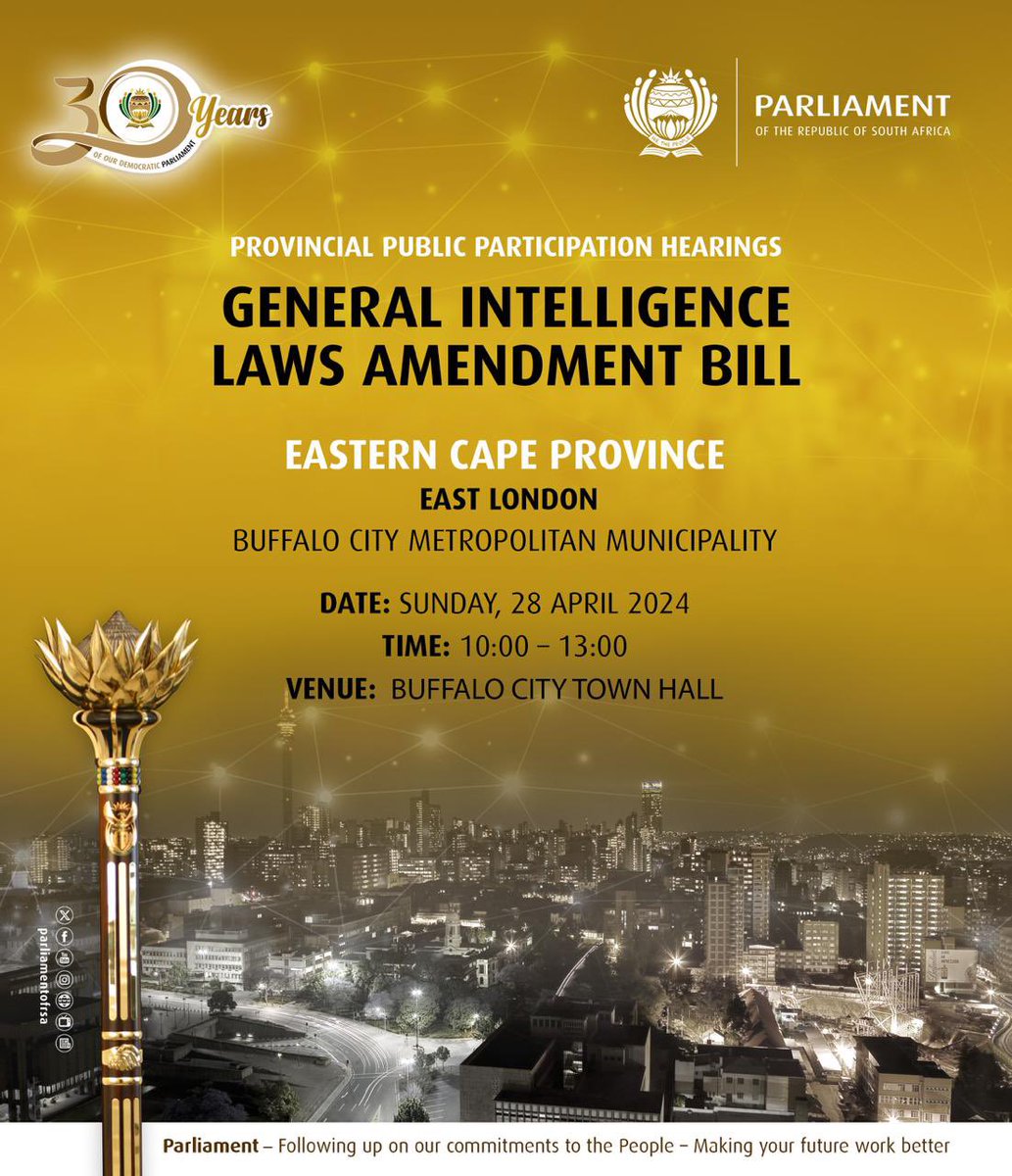 DefenceCluster's tweet photo. The Ad Hoc Committee on the General Intelligence Laws Amendment Bill will tomorrow conduct a public hearing in East London in the Eastern Cape province. #GILAB https://t.co/5aUQRnjFkC