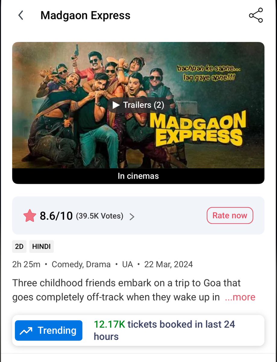 12K tickets booked in last 24hrs for Madgaon Express which is more than new releases like BMCM, Crew etc 🔥

@kunalkemmu #MadgaonExpress