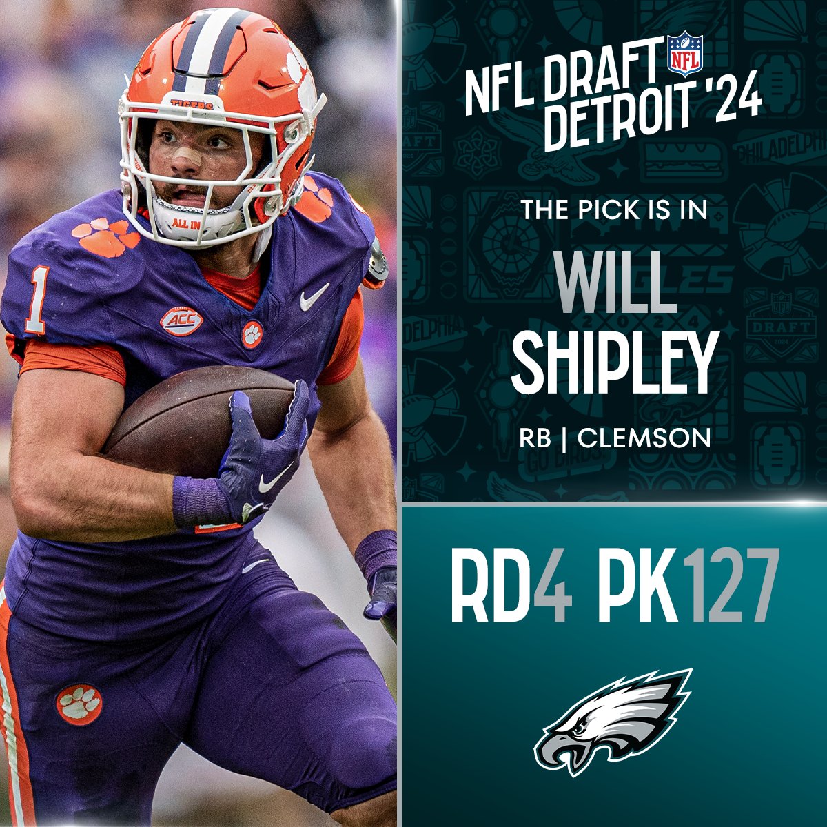 With the No. 127 overall pick in the 2024 @NFLDraft, the @Eagles select Will Shipley! 📺: #NFLDraft on NFLN/ESPN/ABC 📱: Stream on #NFLPlus