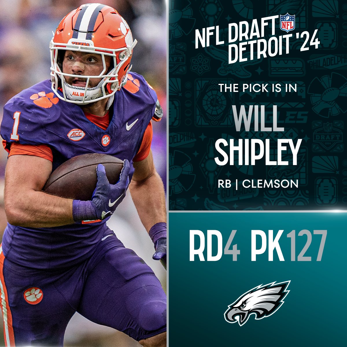 NFL's tweet image. With the No. 127 overall pick in the 2024 @NFLDraft, the @Eagles select Will Shipley!

📺: #NFLDraft on NFLN/ESPN/ABC
📱: Stream on #NFLPlus