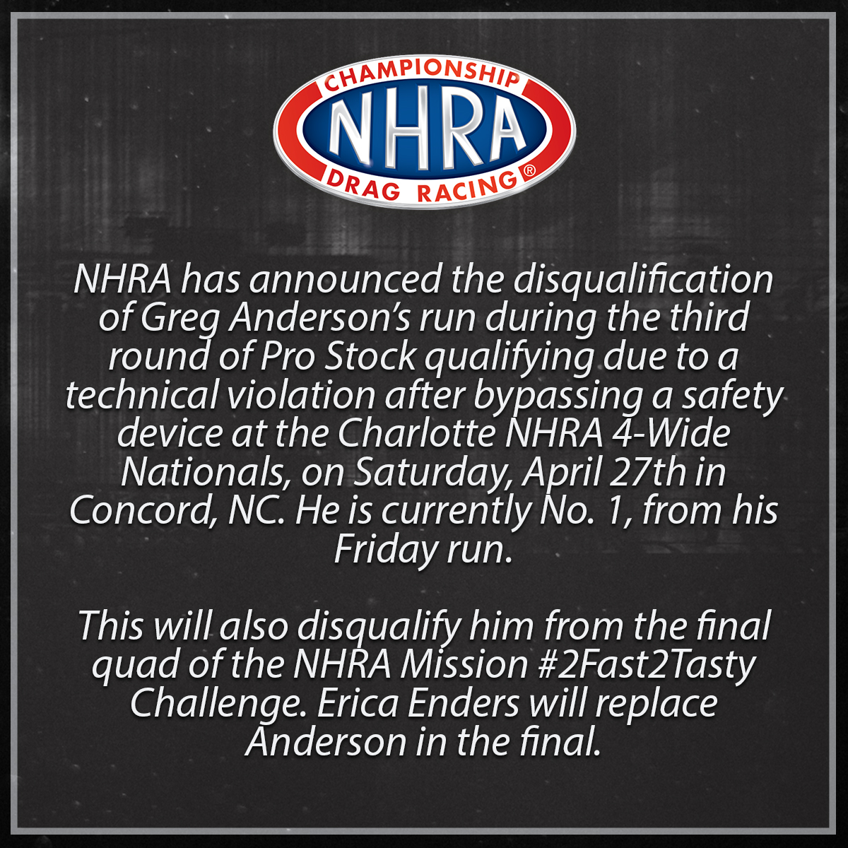 OFFICIAL STATEMENT from NHRA regarding @greganderson_ps' run disqualification at the #4WideNats.