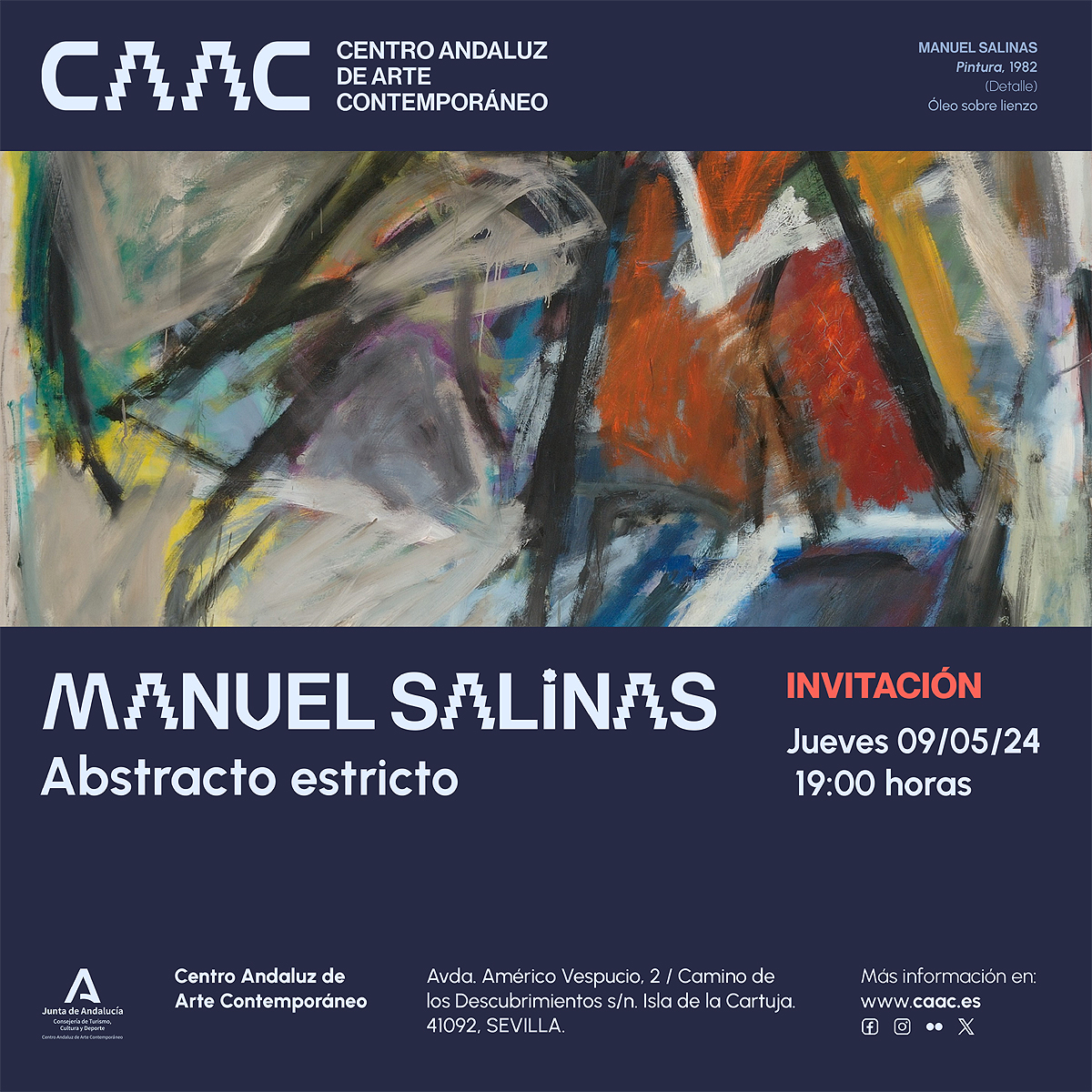 ✍️ Reserva la fecha: el próximo jueves 9 de mayo inauguramos en el #CAAC la #exposición 'Manuel Salinas. Abstracto estricto'. @CulturaAND @C3A_Andalucia