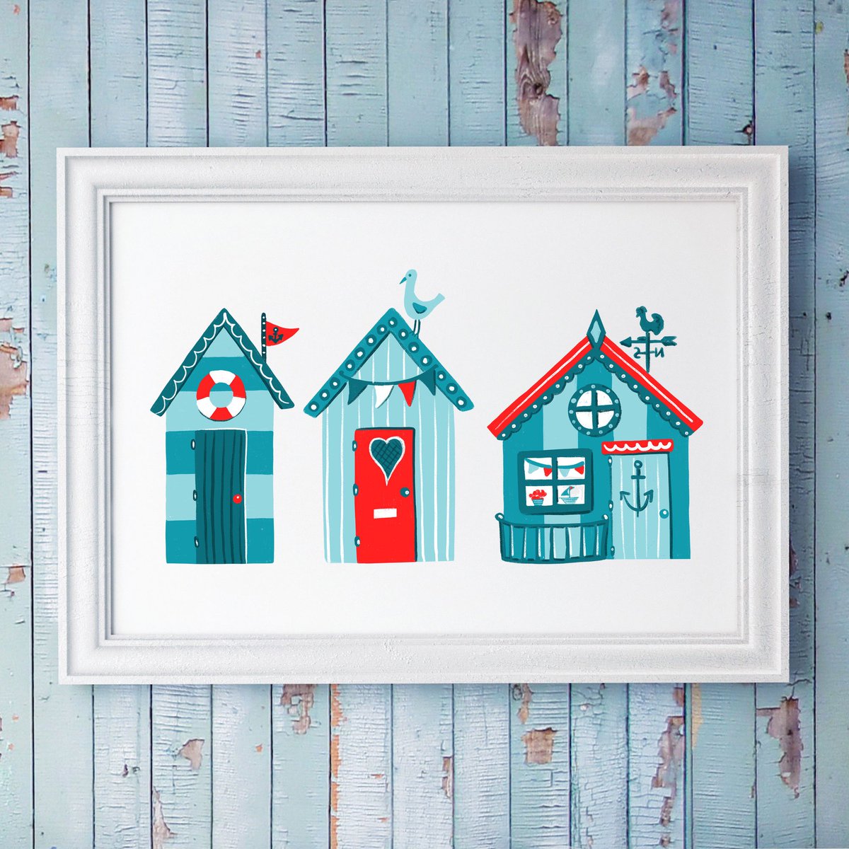 New Beach Huts Art print Coastal Home Decor sarahwillustration.etsy.com/listing/171966… #artprintsforsale #Cornwall