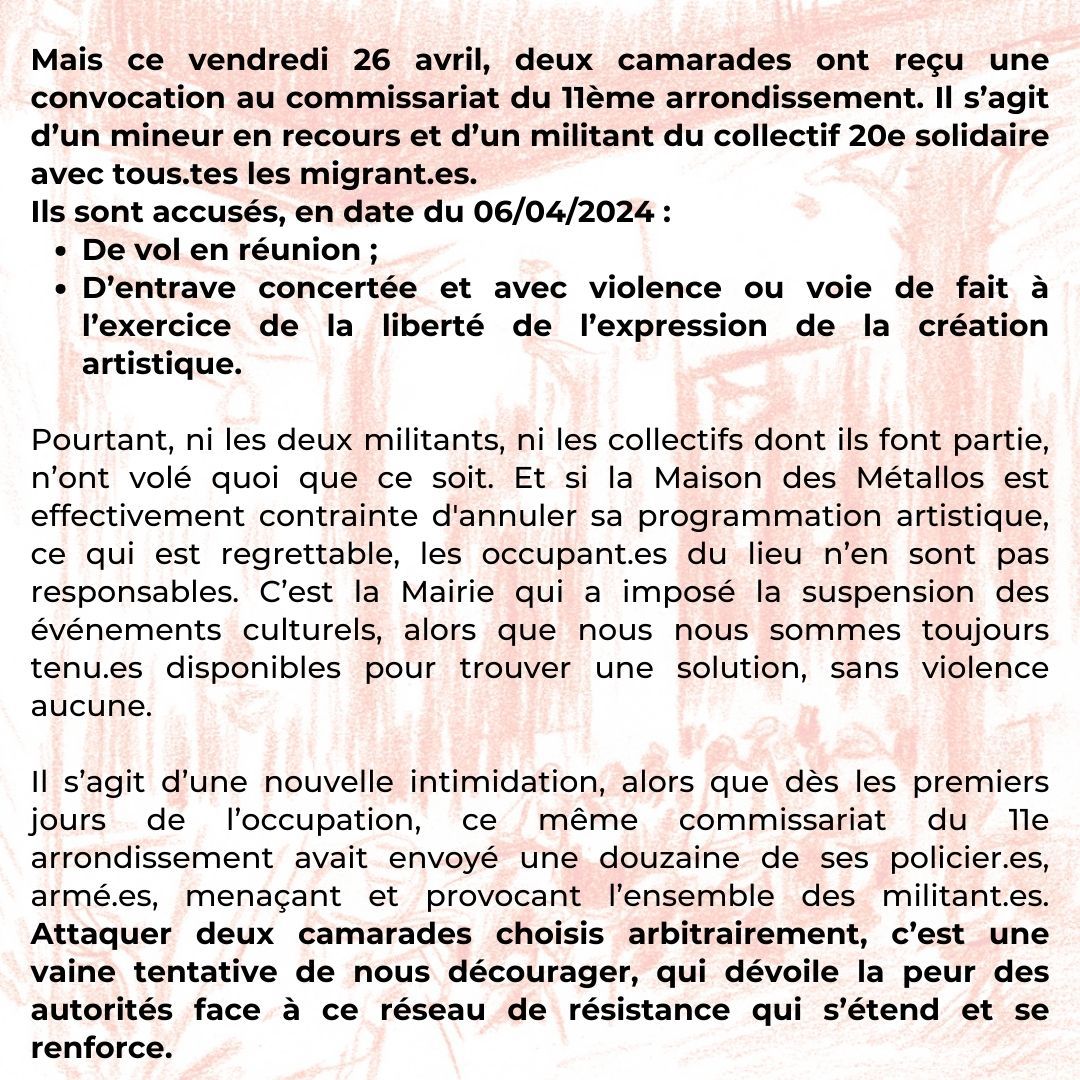 🔴 CONTRE L’INTIMIDATION POLICIÈRE, SOLIDARITÉ ! 🤜 L’heure est grave ! La préfecture veut intimider celles et ceux qui luttent ✨lundi 29 avril à 13h rdv devant la mairie du 11eme pour marcher jusqu'au commissariat du 11eme avec nos camarades !