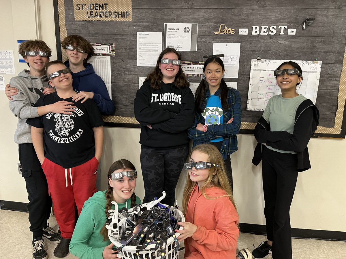 For Earth Month, our SLT cleaned up our yard and helped reduce waste by collecting 261 solar eclipse glasses for reuse! Way to go, Dragons! @StGeorgeGerman1 @GEDSB