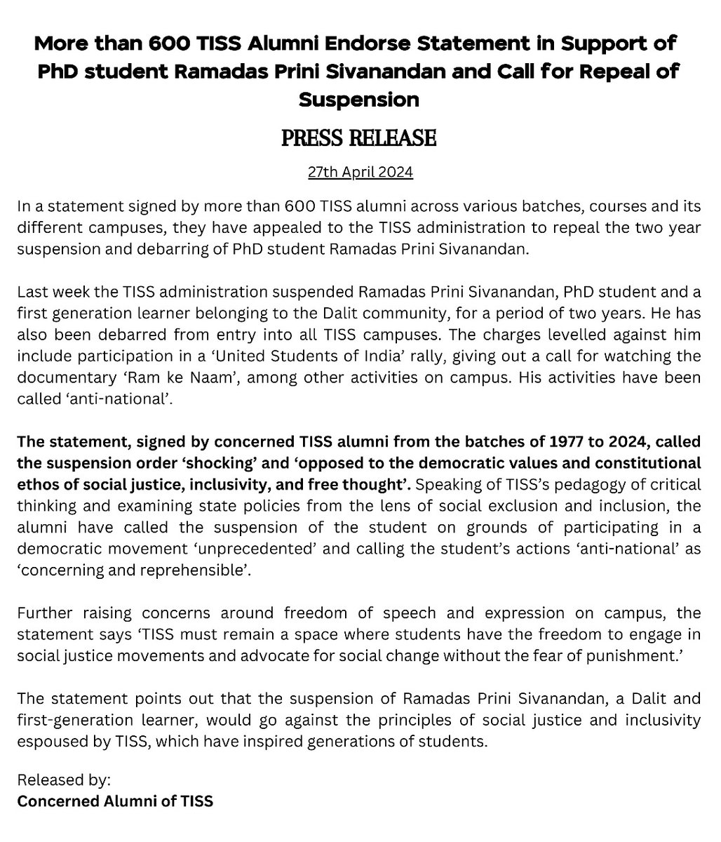 More than 600 concerned alumni of @TISSpeak have signed a statement in solidarity with Ramadas Prini Sivanandan. They have appealed to the admin to immediately revoke the two year suspension order which goes against the democratic values, ethos of social justice & inclusivity.