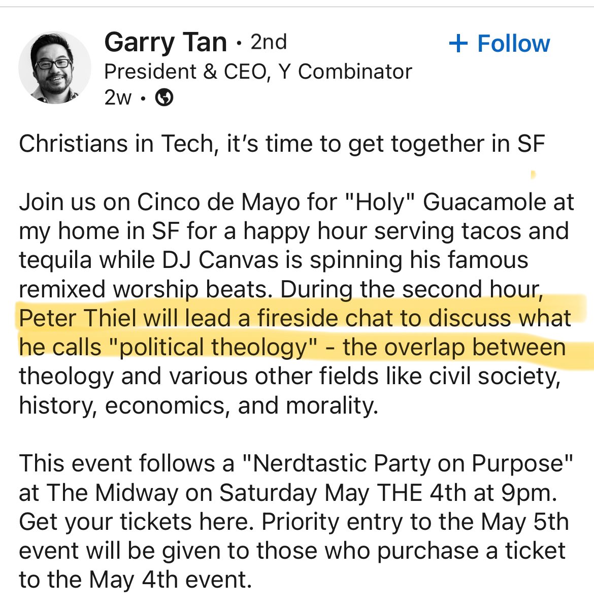 Thiel: “I no longer believe that freedom and democracy are compatible.” 🚨Thiel and Garry Tan will be having a “fireside chat” about “political theology” at Tan’s home in May. Because, you know, there’s nothing weird, culty or anti-democracy going on here. Totally moderate!