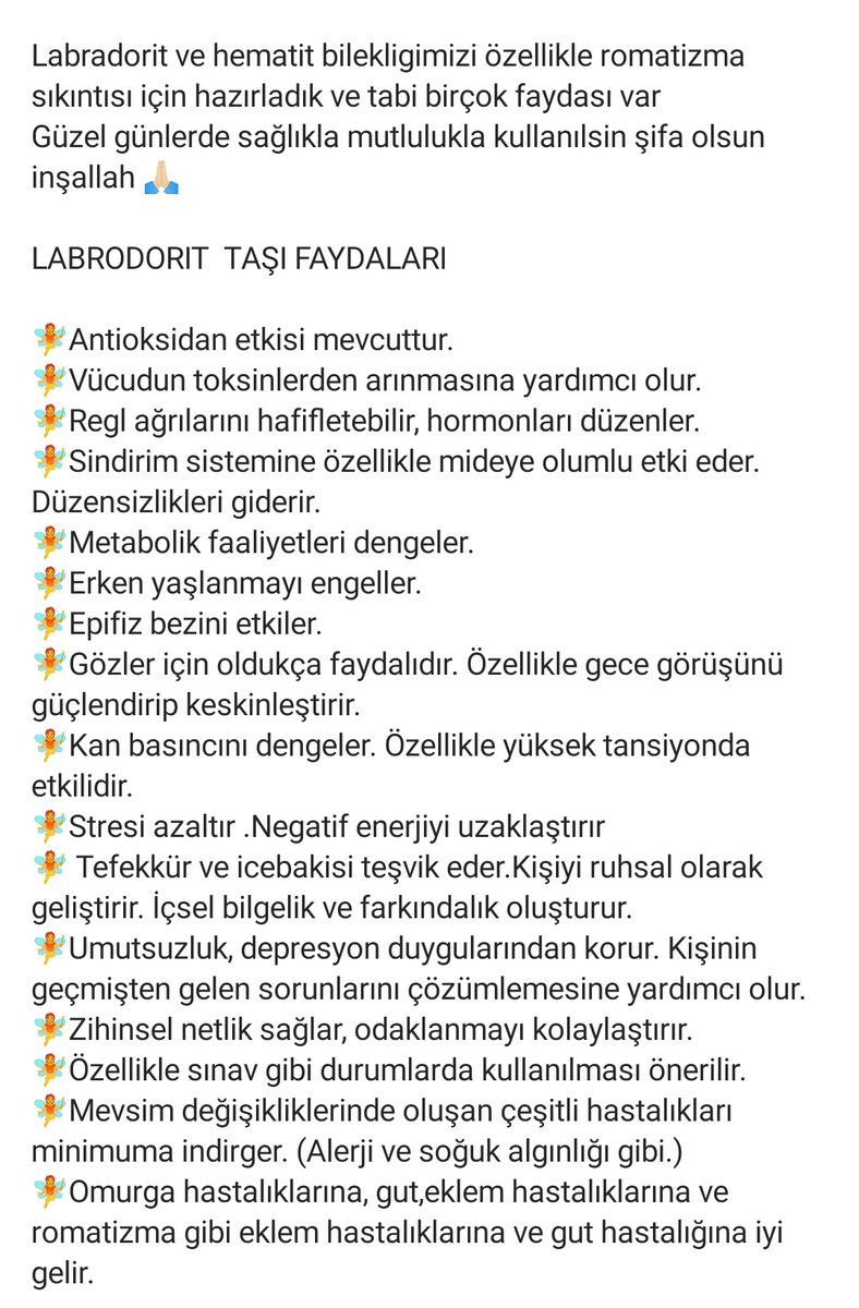 Huzurlu bir akşam diliyorum🌺 LABRADORİT beni her durumda çeken taş,özellikle o mavi ışıltıları🥰 Labradorit ve hematit bilekligimizi özellikle romatizma için hazırladık ve tabi birçok faydası var Güzel günlerde sağlıkla mutlulukla kullanılsin şifa olsun inşallah🙏🏻