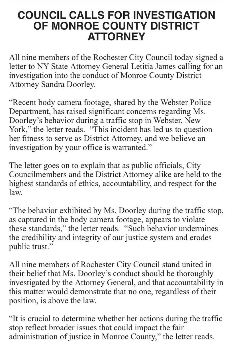 UPDATE: All member of the #ROC City Council have called on @NewYorkStateAG’s office to investigate Monroe County DA Sandra Doorley’s behavior during a traffic stop in Webster. Statement below ⤵️