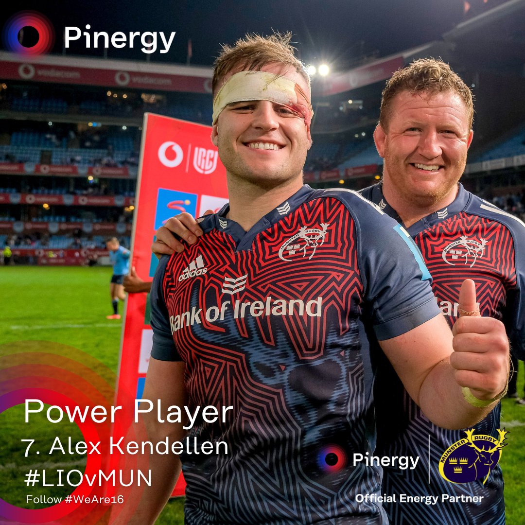 Alex Kendellen was the game’s Pinergy Power Player in @MunsterRugby's 33-13 win over Lions. 

He had an incredible 100% success rate from 26 tackles made, with one turnover won.

#LIOvMUN #SUAF🔴 #WeAre16 #PoweringTheDifference #SUAF #MunsterRugby
