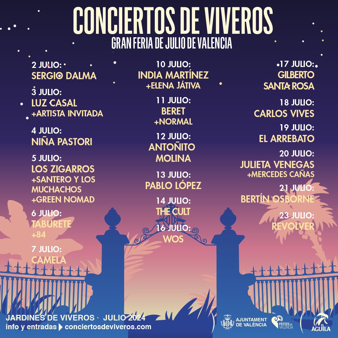 🎸Ja estan disponibles les entrades per a disfrutar de la música que et portarà @festesdeVLC este juliol, amb els @Conc_Viveros 2024🎤 25 Artistes com @LuzCasalOficial, @taburete89 o @loszigarros entre altres, t'esperen als 📍Jardins de #Vivers🌿 ℹ️➕🎟️bit.ly/3DQdQPe