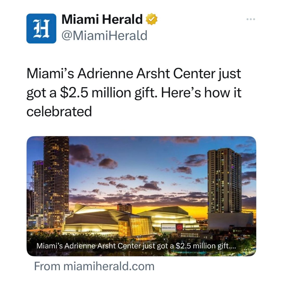 Congrats to Miami's Adrienne Arsht Center for the $2.5 million donation! This shows there are better ways to fund the arts than polluting our skyline and disrupting our quality of life with glaring LED billboards. @newschica @lrobertsonmiami @tessriski @TooMuchMe @BillyCorben