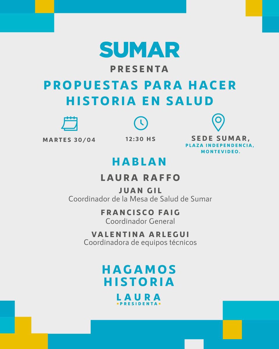 Martes 30 de abril hora 12:30 presentamos nuestras Propuestas para hacer historia en salud . Los esperamos. #HagamosHistoria #LauraPresidenta #SumarSalud