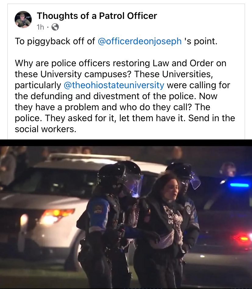 I love this Facebook cop saying “send in the social workers” like theyd be too afraid to deal with student union groups or something “Let’s see how well she does against a 6’3” history major and the professor who taught him everything he knows. The blood will be on BIDEN’s hands