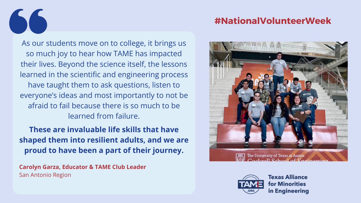 As #NationalVolunteerWeek ends, TAME is highlighting  the individuals who give their time and talent to lead TAME Clubs. Click below to read a poignant reflection from Carolyn Garza, TAME Club Leader in the San Antonio Region THANK YOU, volunteers❤️💙tame.org/news/entry/vol…