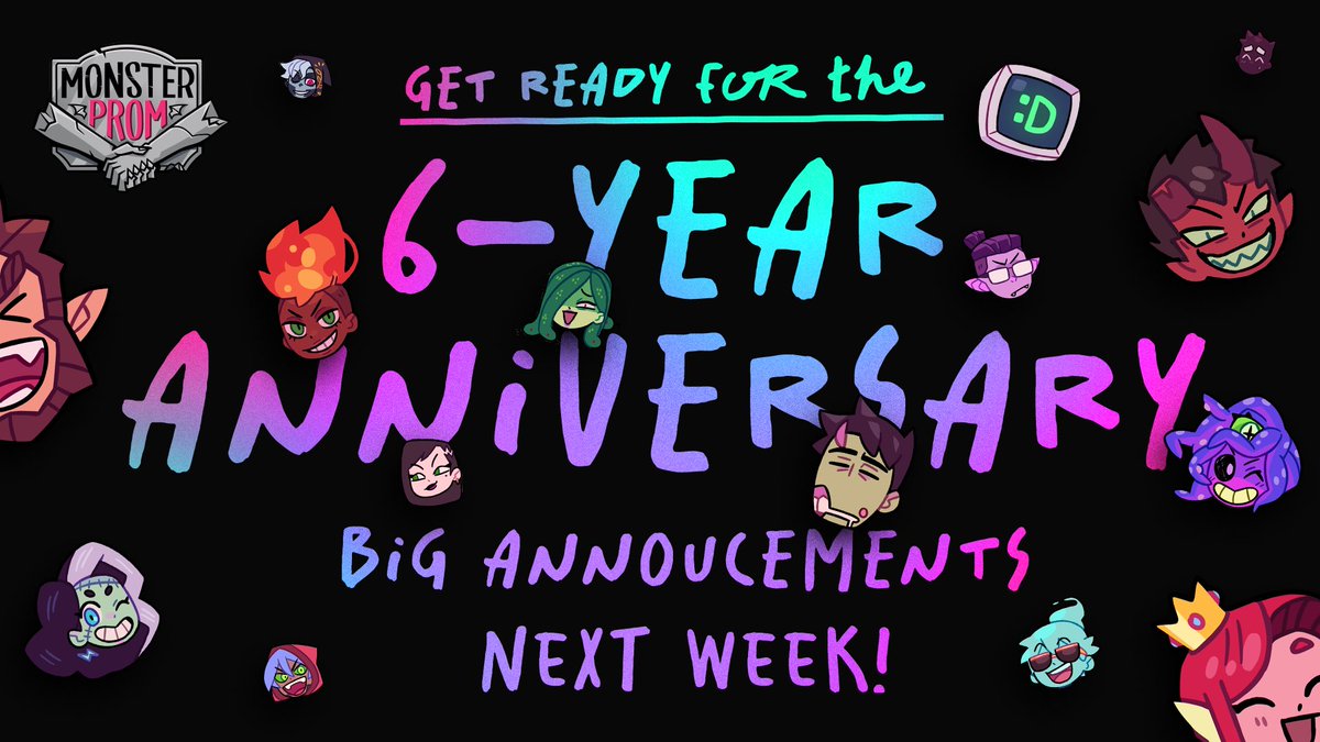 6 YEAR ANNIVERSARY 🎊

Six years ago Today we released Monster Prom!

What a ride!
Next week we start revealing stuff every day until we reveal the first ever screenshot of Monster Prom 4, including a new RO!

Are you excited? 👀