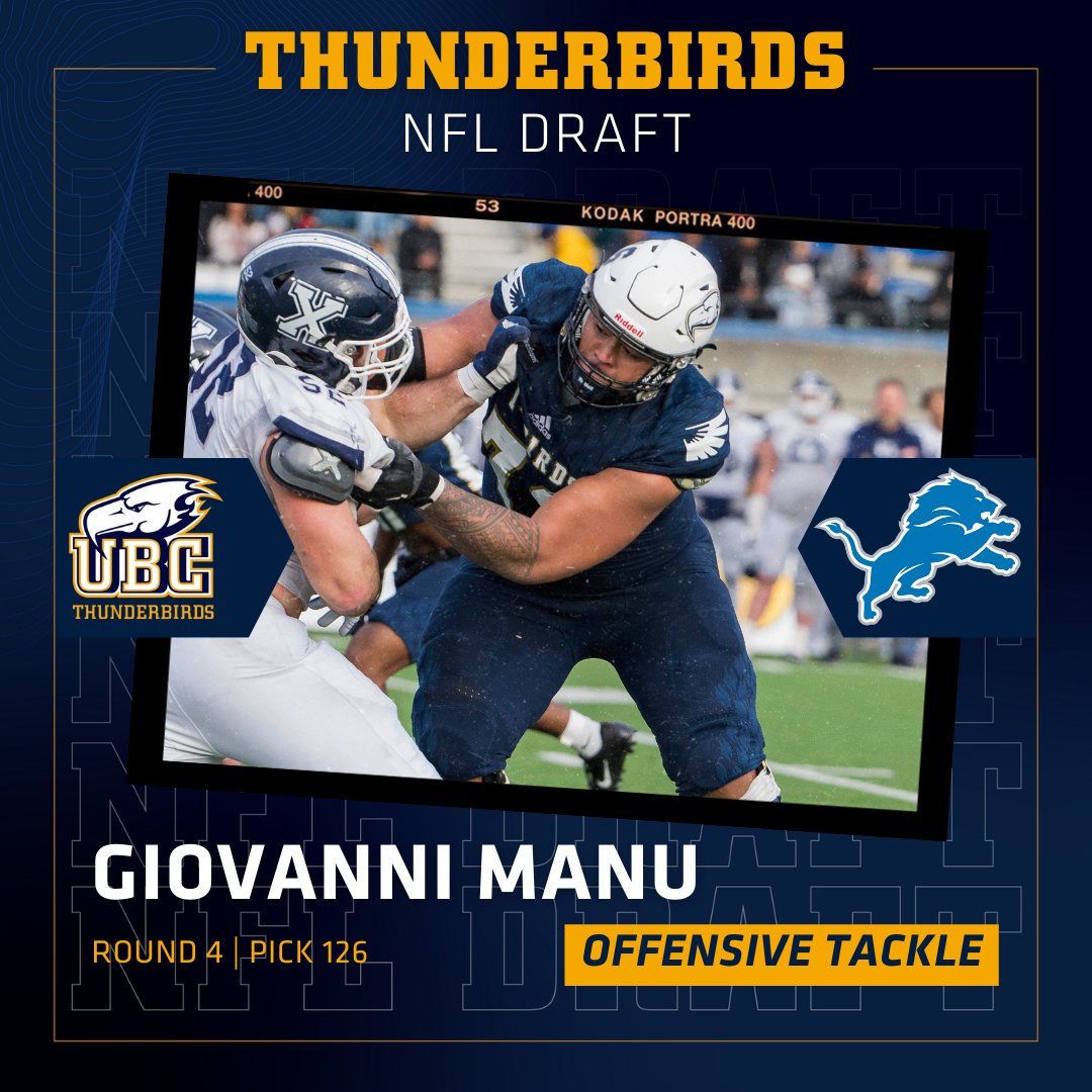 🏈 FB | History for @ubcfbl as Giovanni Manu becomes the first Thunderbird ever selected in the @NFL Draft! Congrats to the newest @Lions offensive lineman!