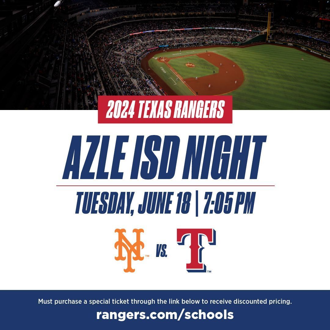 Mark your calendars for Azle ISD night at the Texas Rangers game on June 18! ⚾💚 Use this link to purchase tickets 👉 buff.ly/4aQNOd0 #WeAreAzle #HornetPride #TexasRangersBaseball