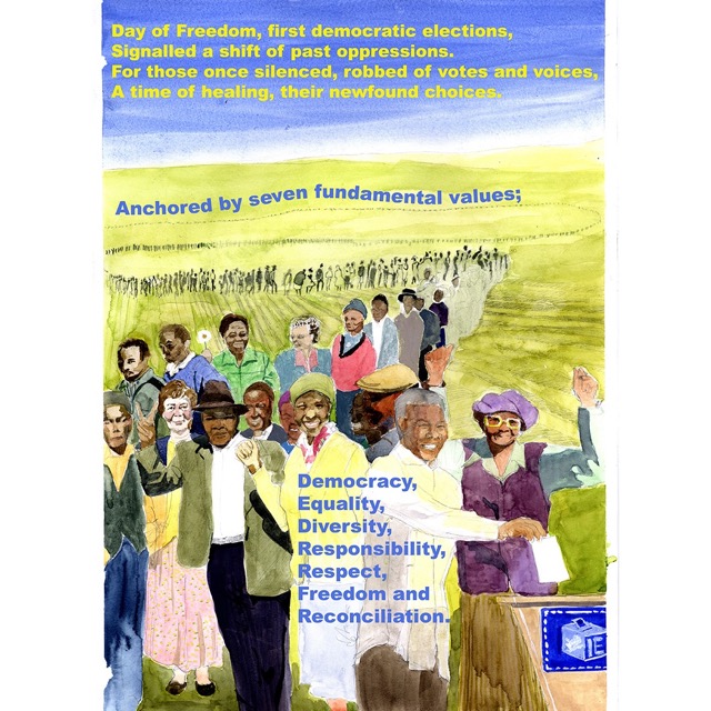 'Day of Freedom, first democratic elections, Signalled a shift of past oppressions. For those once silenced, robbed of votes and voices, A time of healing, their newfound choices' Phoenix @VC_LdnMetArts responds to our 'live client brief' #FreedomDay #SouthAfrica30 #art #poetry