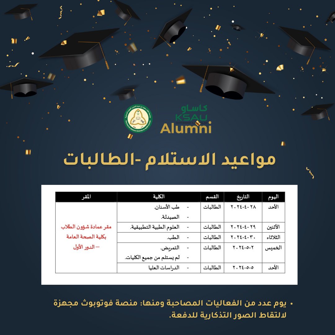 خريجو الدفعة الواحدة والعشرين🎓
ختام الرحلة بدأ بالاقتراب ⏳
وحلمكم سيصبح واقعاً على بعد أيام قليلة!
نعدكم بأن نصنع منه ذكرى تدوم لكم للأبد. 

ستبدأ وحدة الخريجين بتسليم عبايات ومشالح التخرج ابتداء من يوم الغد في جو احتفائي في المواقع المحددة.
تابعونا على الوسم #خريجو_كاساو_٢١