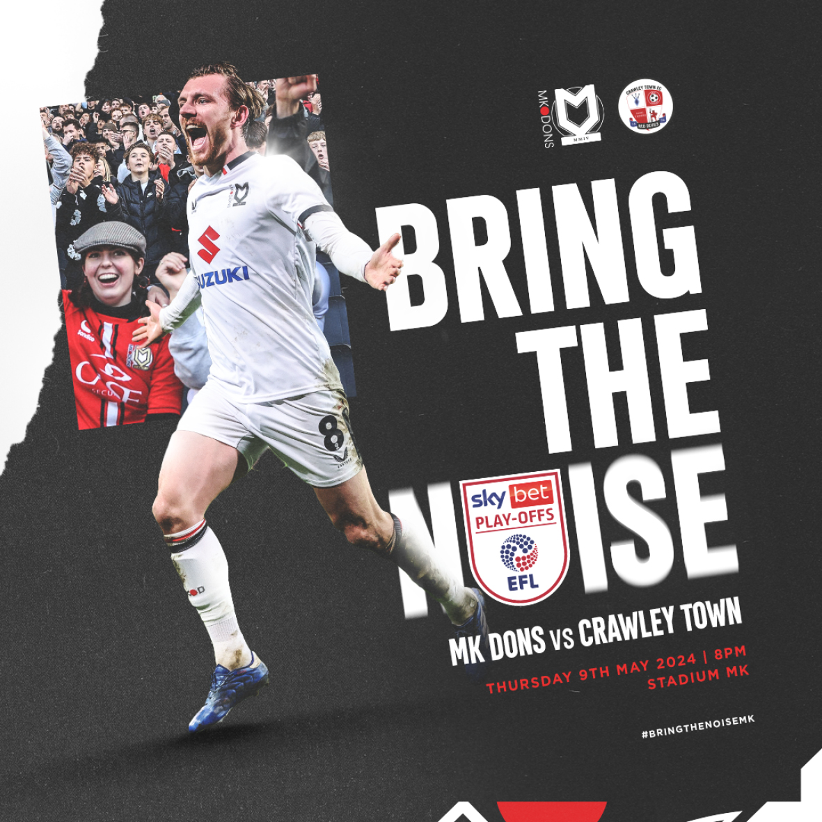 The stage is set. @MKDonsFC will be playing Crawley Town in semi-final of the Sky Bet League Two Play-Off competition! 🏟️ Stadium MK ⏰ 8pm KO 📅 Thursday, 9th May All the ticket info 👉 shorturl.at/AFK17 #BringTheNoiseMK | #COYD