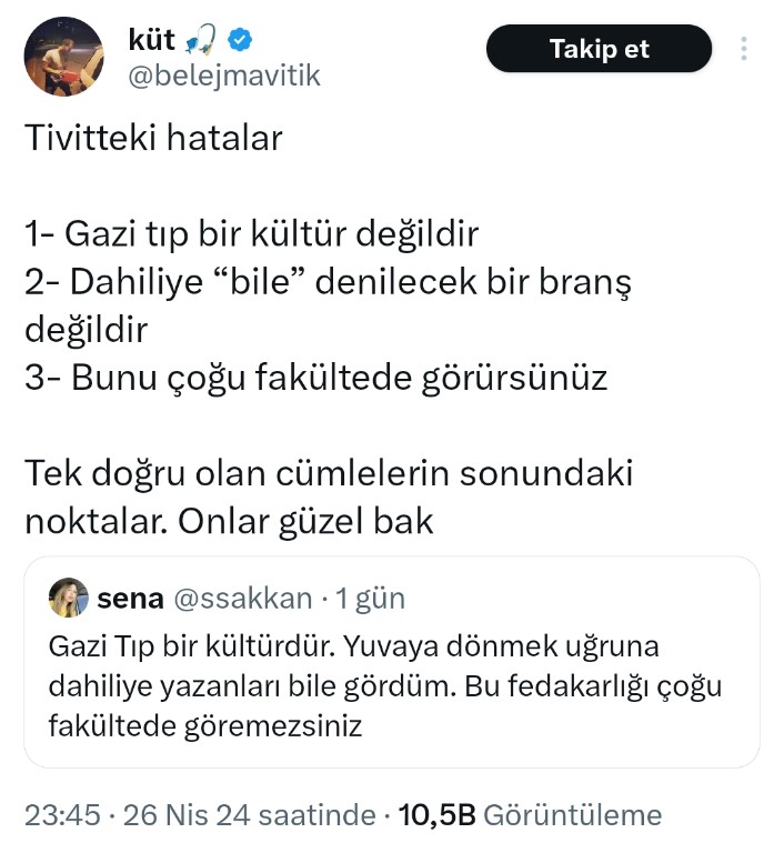 Ankara ve İstanbul tıp fakülteleri arasındaki böyle kapışmaların nedeni fazla gerginlik ve sosyal olanakların azlığı bence. Bu tartışmayı yapan ege tıplı göremezsiniz çünkü hepsi hava güzel diye denize gitti