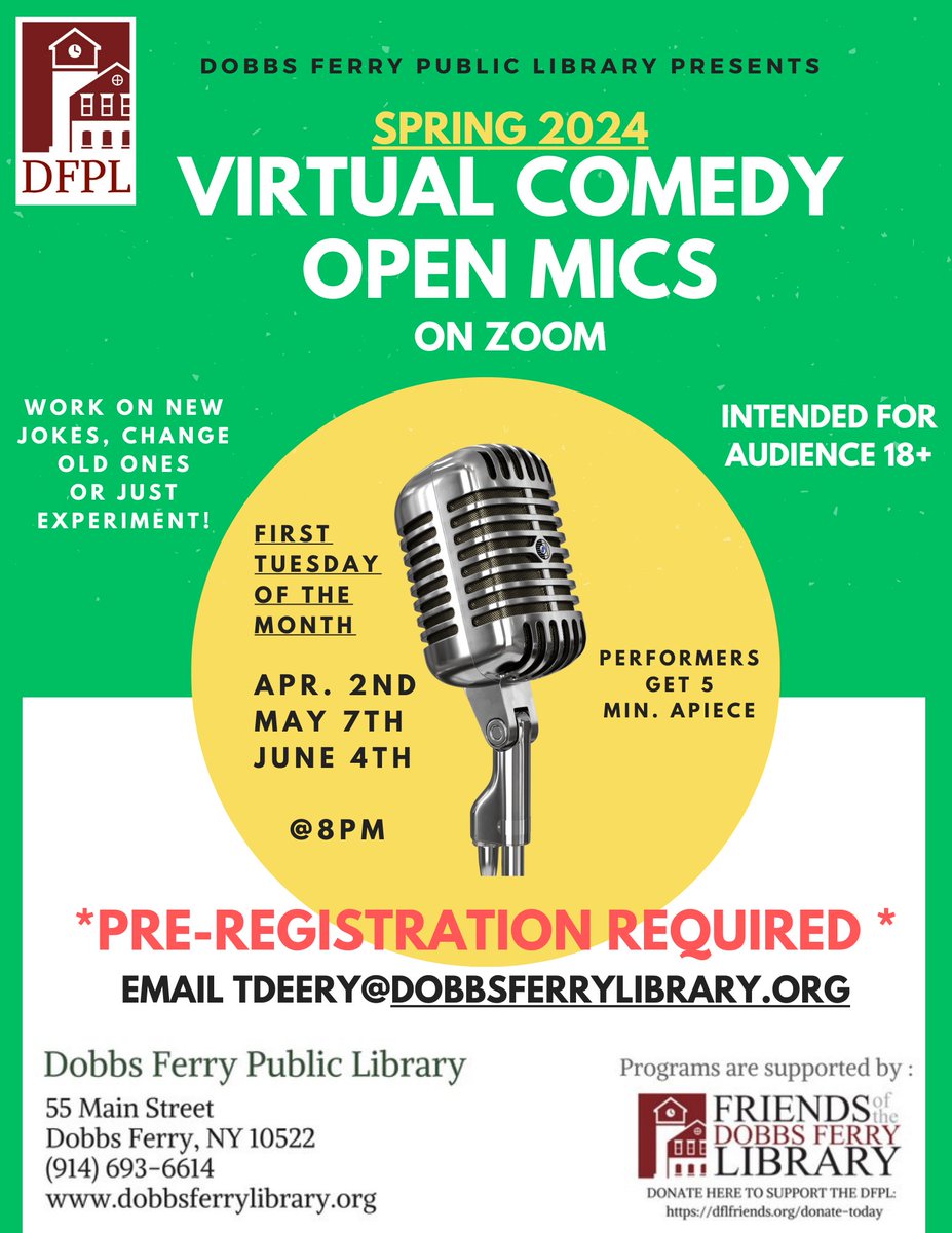 It's time for a Virtual Comedy Open Mic on Zoom! Tues May 7 at 8pm, for ages 18+.

Sign up and get 5 minutes to perform -- or sign up and watch!

Pre-registration is required. Email tdeery@dobbsferrylibrary.org for more info.

#openmic #comedy #dobbs #dobbsferry #comedyopenmic