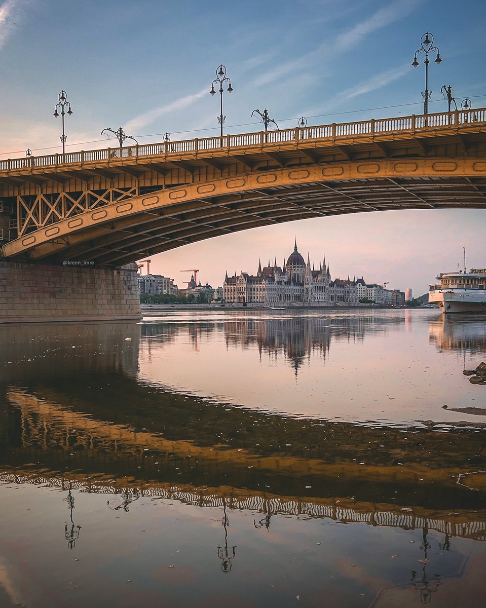 Morning reflections on the Danube - The view of the Parliament under the Margaret bridge (Budapest, Hungary) #krennimre