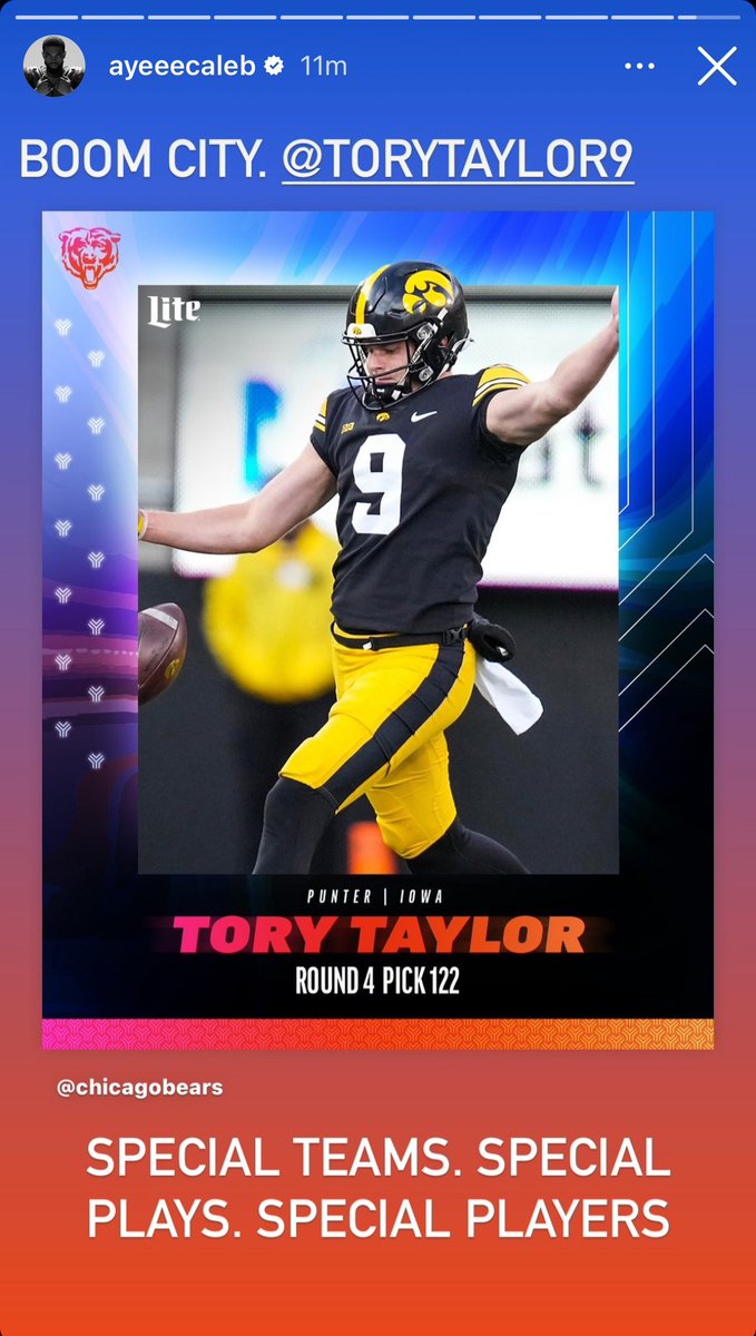 Caleb Williams loves the Tory Taylor pick.

"Special teams. Special plays. Special players."