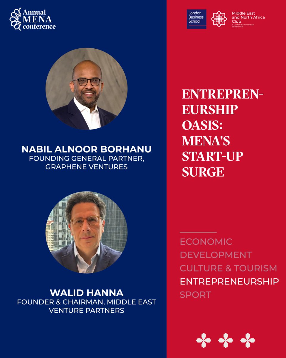 LBSMENA's tweet photo. Dive into the dynamic world of business creation with our second set of speakers under the pillar of ‘Entrepreneurship’. 

This segment promises to be a fountain of knowledge and inspiration, as our experts share their journeys, challenges, and keys to success in the startup ecosystem. 

Don’t miss the opportunity to gain invaluable insights and strategies from the front lines of innovation.
 
🎤 Meet Our Speakers:

@NabilAlnoor: Founding General Partner at Graphene Ventures

Walid Hanna: Founder & Chairman at Middle East Venture Partners (MEVP) 
 
📅 Save the Date: 4th & 5th May
🌐 Tickets: https://t.co/KezGDvQftU
 
Stay tuned for more updates and speaker announcements! Don’t miss this unique chance to connect with leading minds in entrepreneurship. Register now to secure your spot: https://t.co/KezGDvQftU

#LBSMENA24