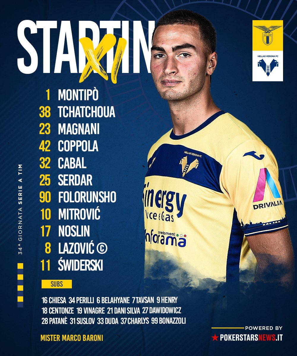 Starting XI 🟡🔵

#LazioVerona #DaiVerona #SerieATIM

Powered by @PokerStarsNews1