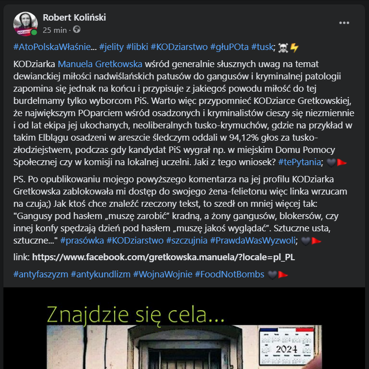 #AtoPolskaWłaśnie #jelity #libki #KODziarstwo #głuPOta #tusk; #prasówka #szczujnia #PrawdaWasWyzwoli; #33latastyropianizmu; ☠️⚡

O cenzorskiej szczuj-KODziarce Gretkowskiej @ManuelaGretkow1 i jej miłości do lib-patusów i tusko-gangusów słów kilka; 

link: facebook.com/KolinskiRobert…