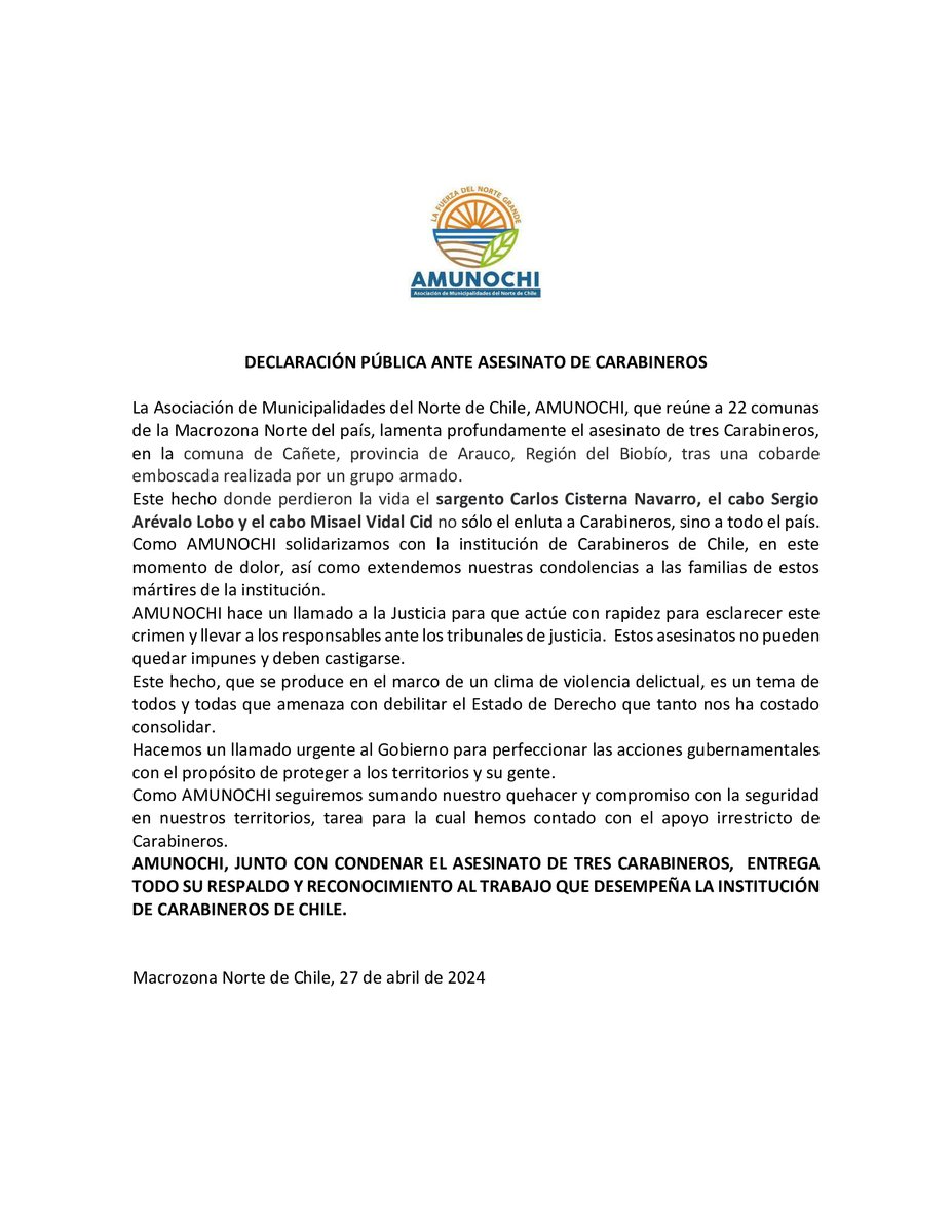 Declaración de AMUNOCHI sobre asesinato a Carabineros. #Iquique #Arica #Calama #Antofagasta #SierraGorda #Caldera #Taltal #Mejillones #Punitaqui #DiegodeAlmagro #LaHiguera #Ollague #MariaElena #Vallenar #Tocopilla #Pica