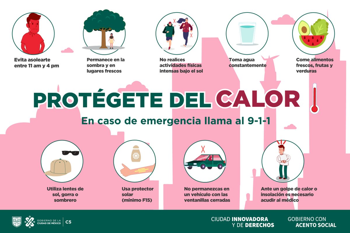 Toma en cuenta estas recomendaciones y protégete del calor. ☀️🥵 ♨ Recuerda que ante cualquier emergencia puedes solicitar apoyo al #911CDMX ☎️ #C5conConfianza
