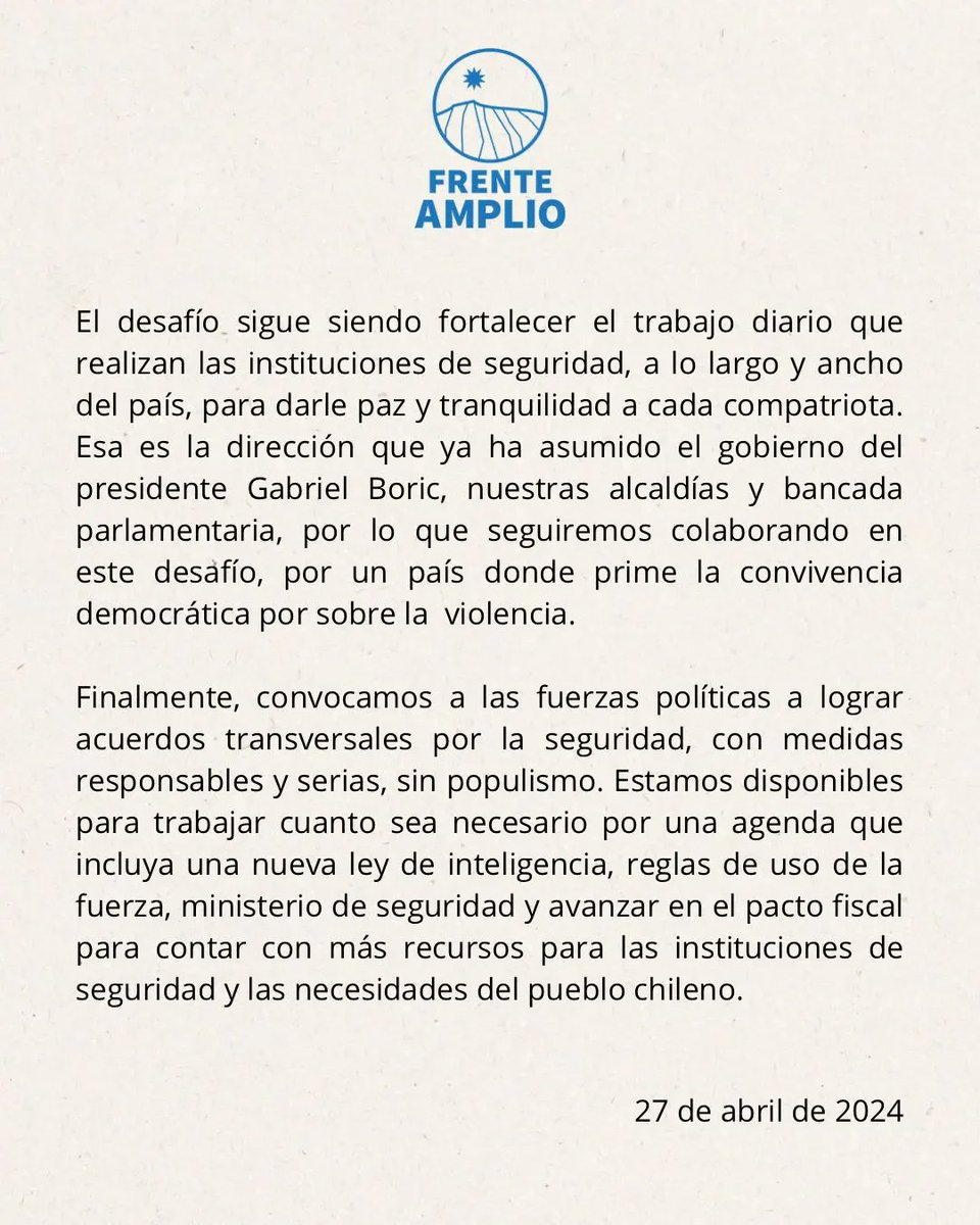 ⭕️Como Frente Amplio condenamos el crimen contra Carabineros en Cañete y llamamos a las fuerzas políticas a lograr acuerdos transversales por seguridad. Nuestras condolencias a los familiares de las víctimas y a la institución de Carabineros.