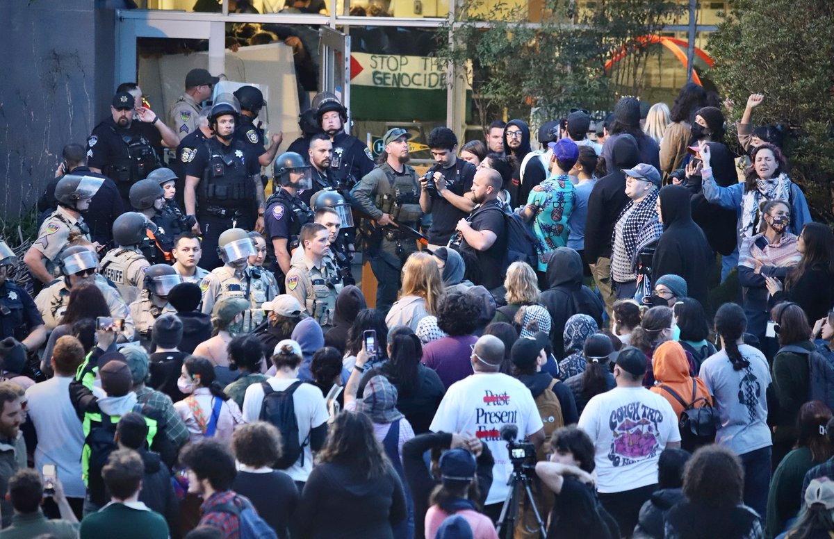 Pro-Palestinian protesters stand off with police on the California State Polytechnic University, Humboldt campus in Arcata, California, on April 22.