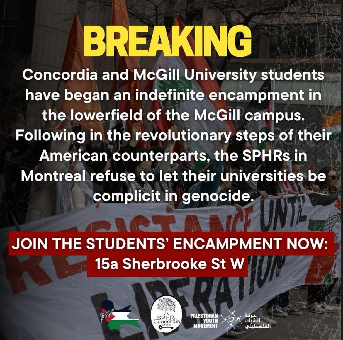 🚨🚨🚨 HAPPENING NOW / STUDENT ENCAMPMENT 🚨🚨🚨
Join the students at Roddick Gates, 15s Sherbrooke St W, Montreal
<a href="/palyouthmvmt/">Palestinian Youth Movement</a> <a href="/SPHRConcordia/">SPHR Concordia</a> <a href="/mtl4palestine/">Montreal4Palestine</a>